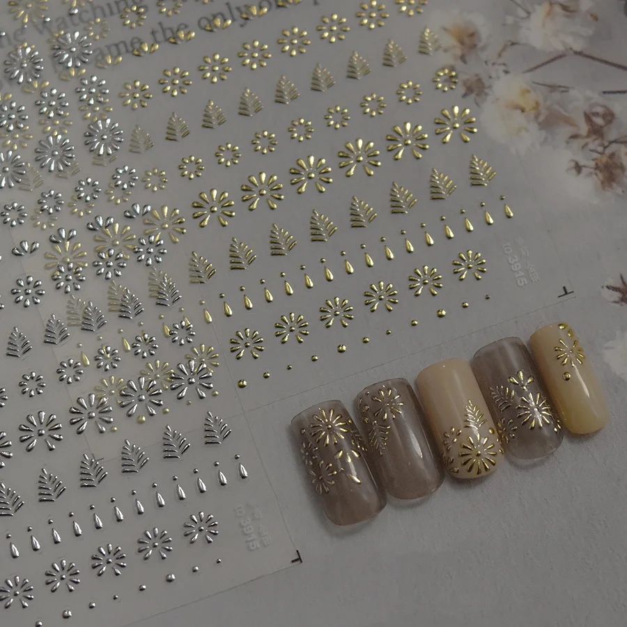 5D reliéf lesklá pečiatka zlato strieborná Daisy Leaf Metallic Dot Drop Adhesive na nechty nálepky na nálepky