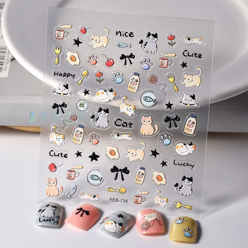 5D vyrazené roztomilé karikatúra mačiek Paw Fish Design na nechty nálepky nálepky na nálepky Self Adhesive Supplies pre ženy a dievčatá