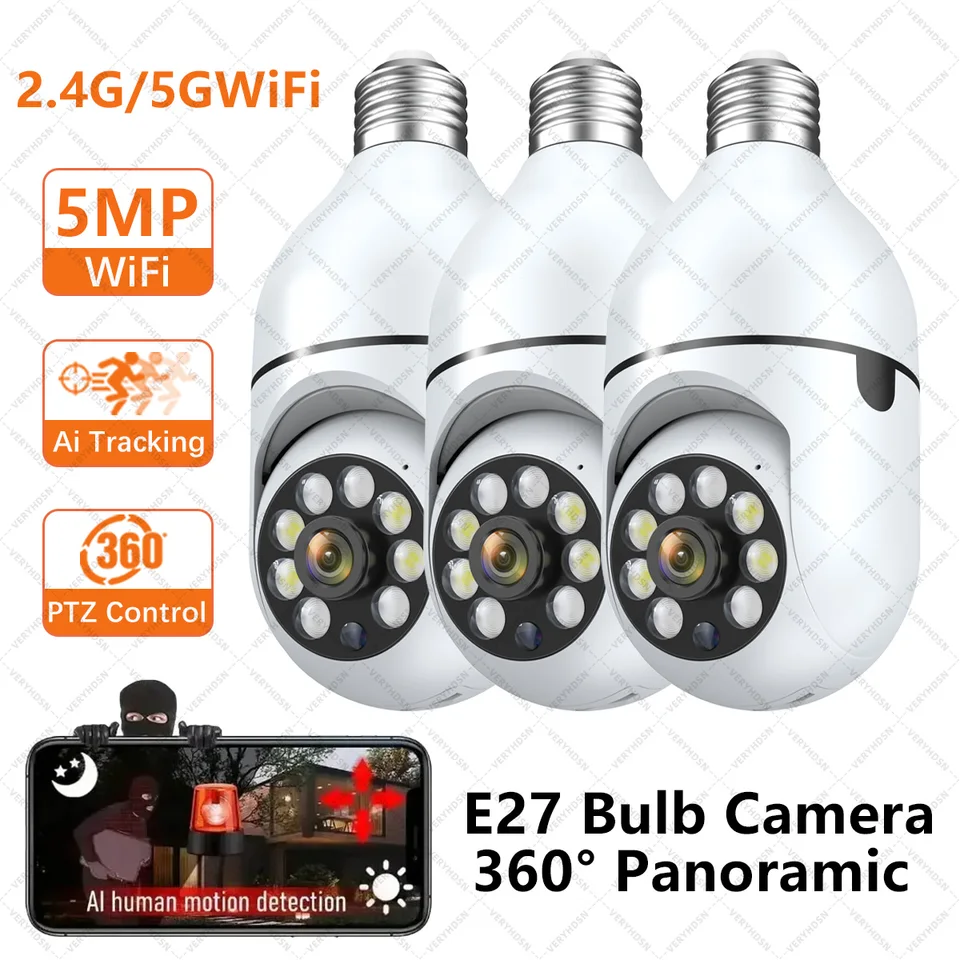 5G E27 žiarovka WiFi Surveillance Camera 5MP HD Night Security Video Monitor Supprt Two Way Audio 4x Digital Zoom Indoor CCTV Camera
