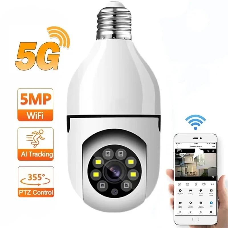 5G WiFi žiarovka kamera 5MP 3MP vnútorná bezpečnosť obojsmerne Audio Automatické sledovanie ľudského farebného nočného videnia E27 Základná mini PT fotoaparát