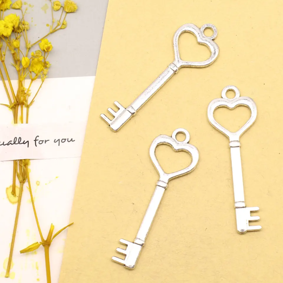 5ks 18x52mm Love Keys Charms kúzla šperk na výrobu príslušenstva ručne vyrábané židovské starožitné strieborné farby