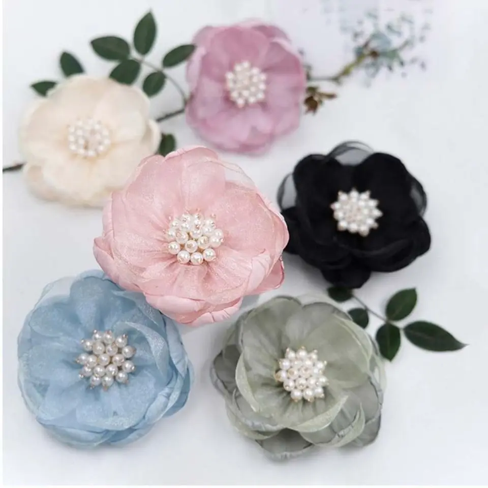 5ks 7,5 cm DIY Organza šifónová tkanina kvetinové korálky Center ručne vyrábané kutilá DIY umelé kvetinové pokrývky šaty na vlasy