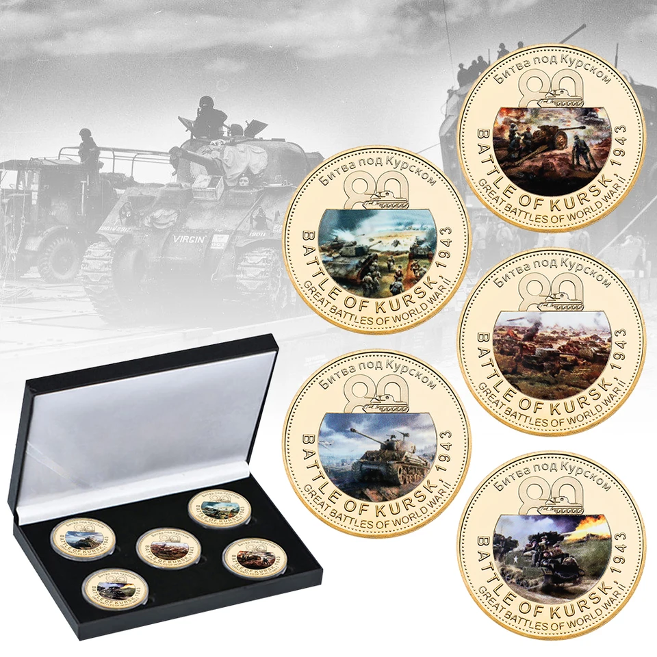 5ks 80. výročie bitky pri Kursk Golden Pamätné mince stanovili Darčeky mincí pre najväčšiu tanku Battle Battle.