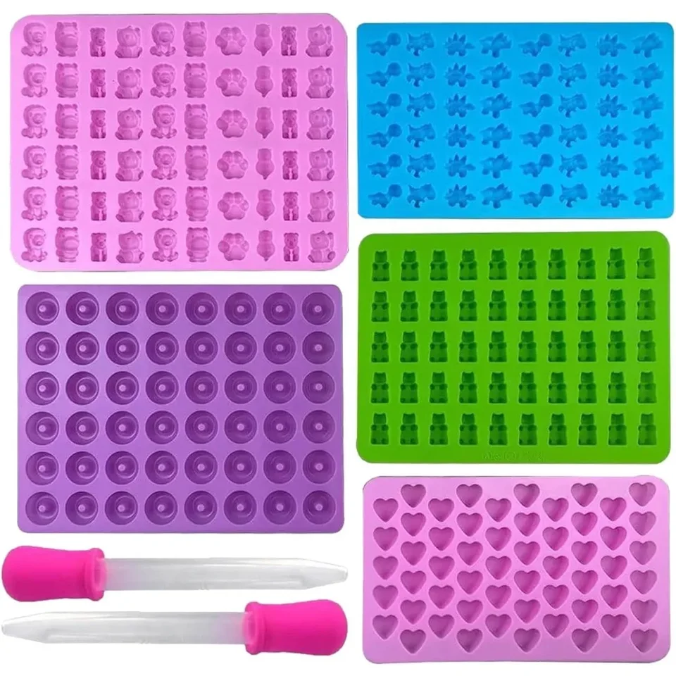 5ks Candy Silikone Folds s 2 kvapkadlámi Set Candy Gummy Folds Jelly Trays Set Fors Set opakovane použiteľné kuchynské náradie pre pečenie cukroviniek