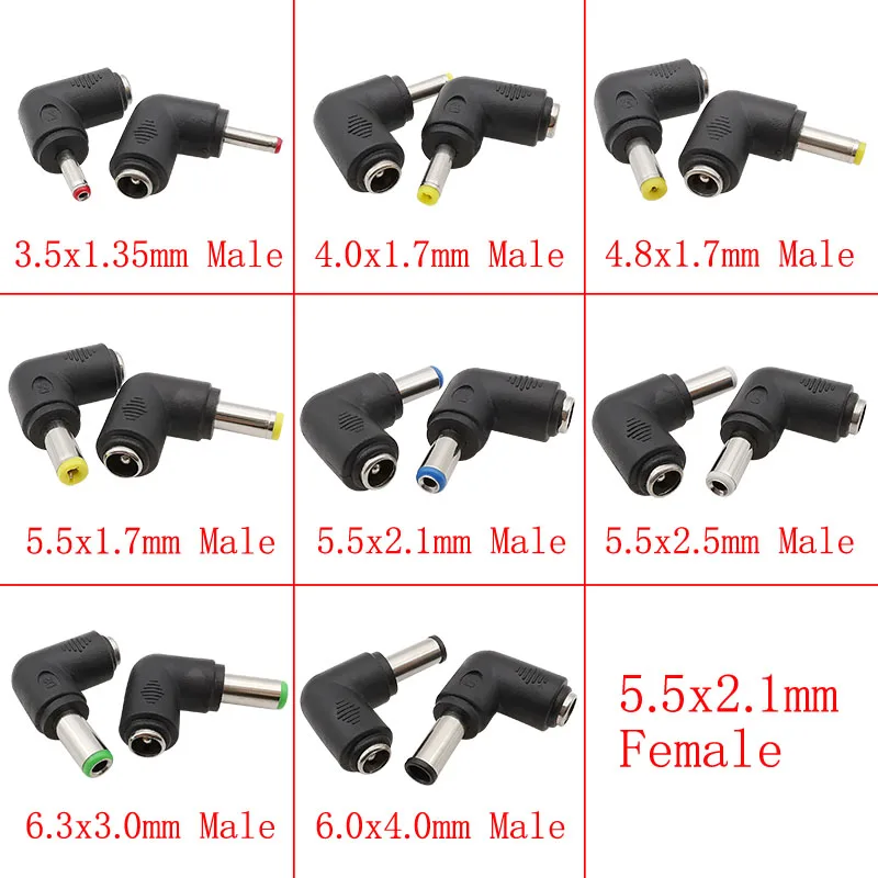 5ks DC Power 5,5x2.1mm, ženský konektor na 6,0 x 4,4/6.3x3.0/5,5x2.5/5,5x1.7/4,8x1.7/4,0x1.7/3,5x1,35 mm mužského zátkovacieho adaptéra Pravý uhol