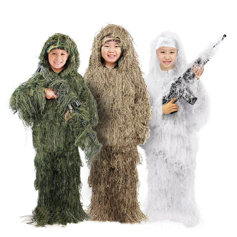 5ks deti ghillie vyhovuje dieťaťu Camouflage taktickú armádu Jungle Vojenský taktický oblek vrcholy nohavice klobúky Kolsters úložné tašky