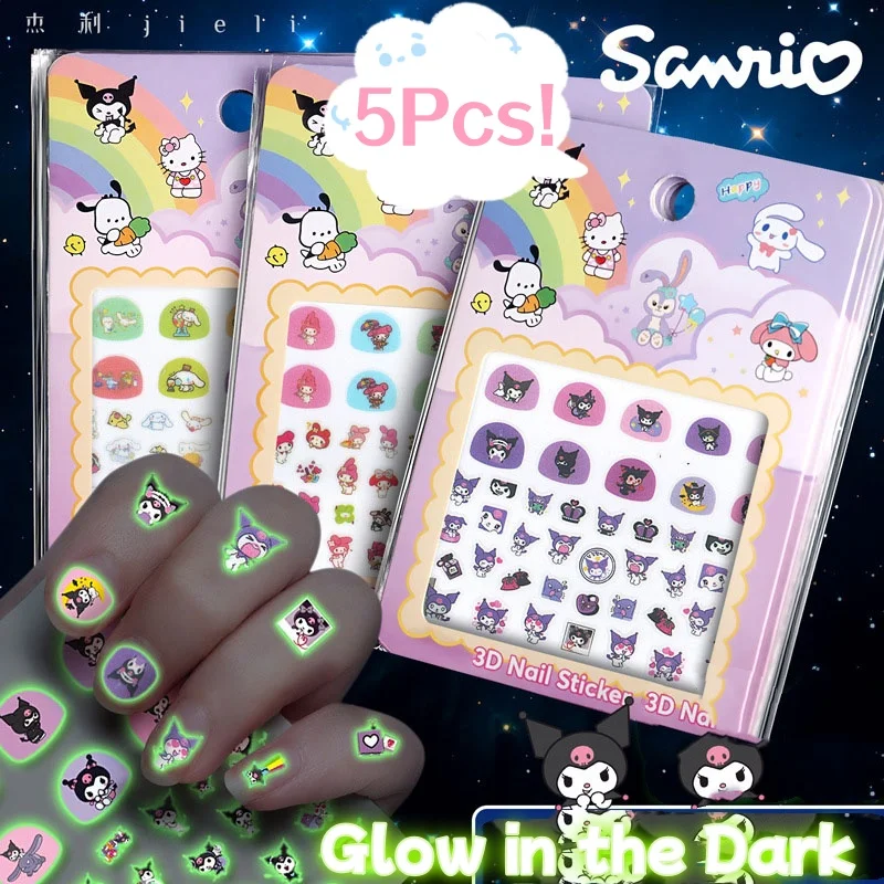 5ks deti Luminous Sanrio Karikačné nálepky na nechty na nechty GLOW-In-DRARK NÁBACH HELL Kitty/Pochakco