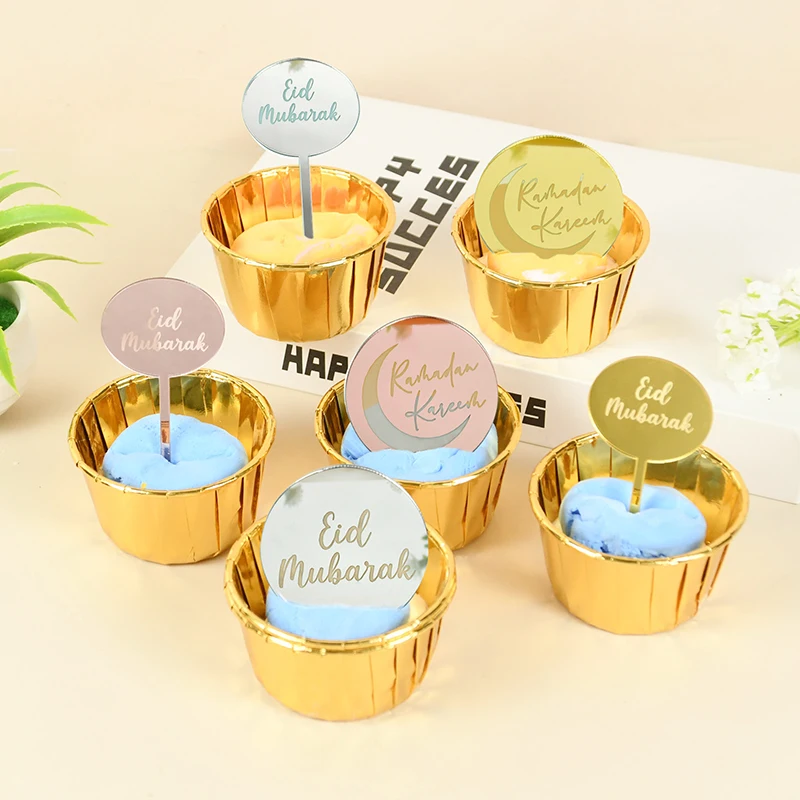 5ks Eid Mubarak zlato strieborná ružová košíčka Toppers Ramadan Kareem Acryl Cake Topper Moslimská islamská párty uprednostňuje tortu dekoráciu koláča