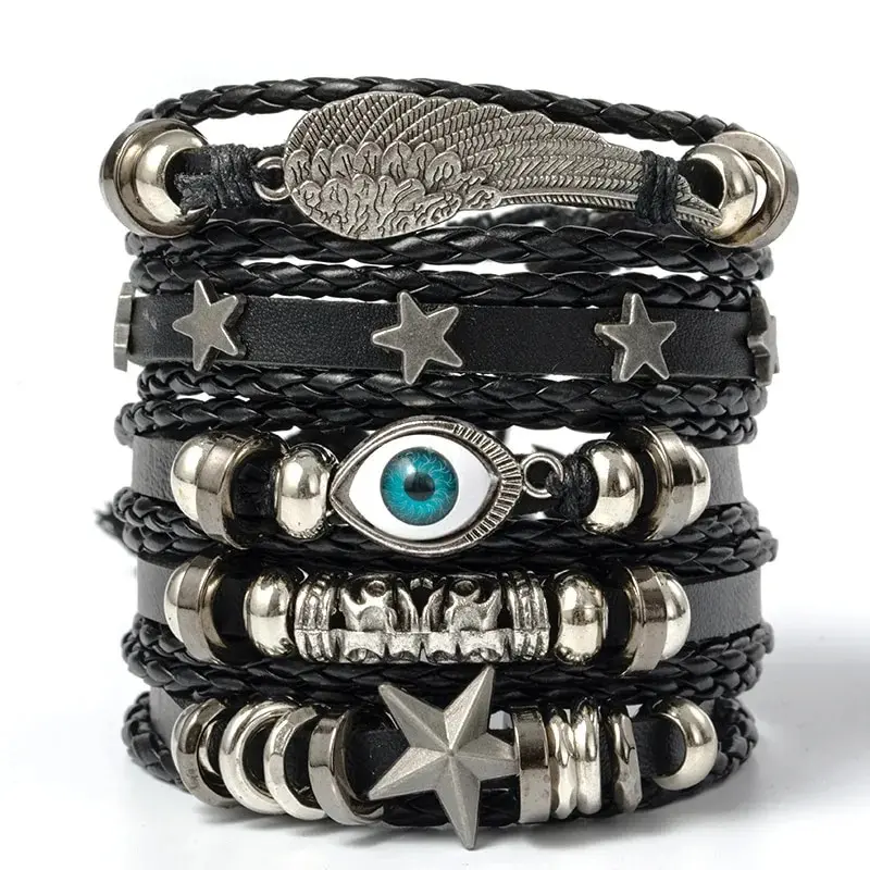 5ks Evil Eye Wing Star DIY spletený punkový štýl náramok s kožou a korálky PU