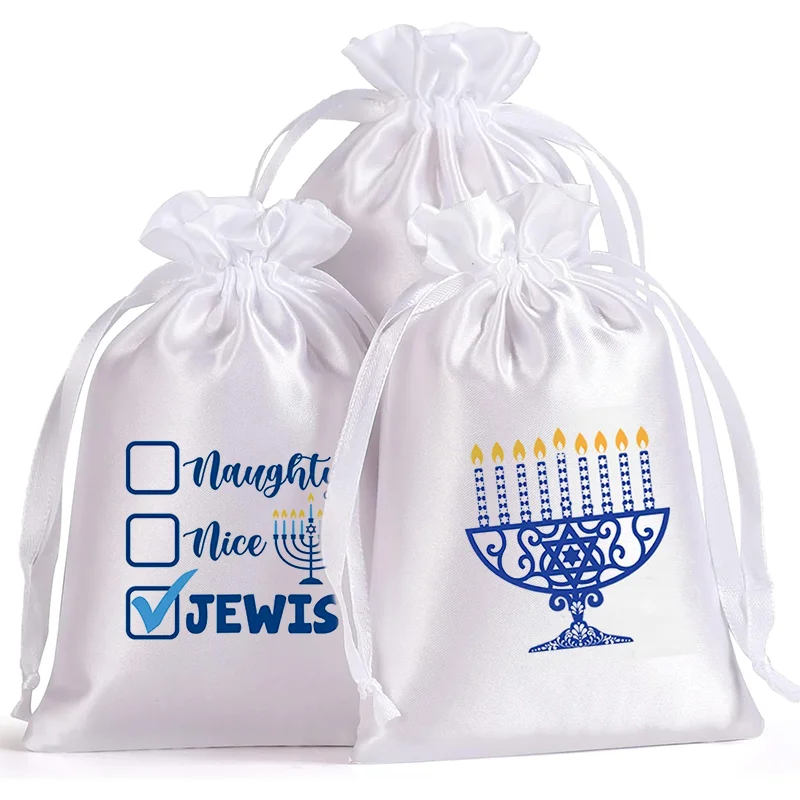 5ks Funny Hanukah Chanuka White Satin Screckstring Darčeková taška Židovská dovolenka láskavá taška židovské sviatočné párty dekorácie Dodávky