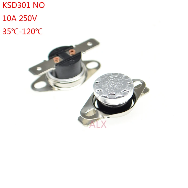 5ks KSD301 250V 10A Thermostat Teplota Termálny regulačný spínač Normálne otvorený 35 40 45 50 60 70 75 80 90 100 110 120 ° C