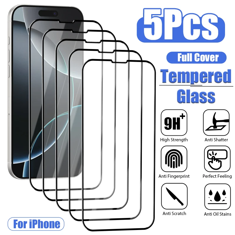 5ks plné krytie temperované sklo pre iPhone 15 14 16 12 11 13 Pro Max Mini SE 2020 Chránič obrazovky pre iPhone 14 8 7 plus x x xr