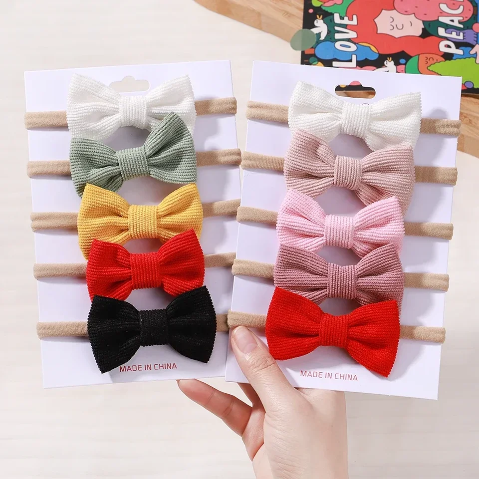 5ks/set Elastic Baby Headband Solid Corduroy Ribbon Bow šatky Hairband novorodenec Nodornový roztomilý pletený čelenka babe vlasové doplnky