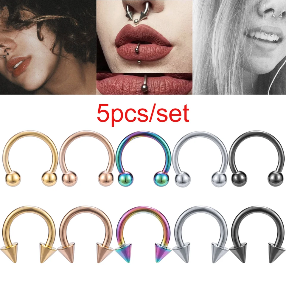 5ks/set z nehrdzavejúcej ocele nosný prsteň hrot piercings helix uší piercing pre ženy Men Men Septum Rings Body Piercing šperky