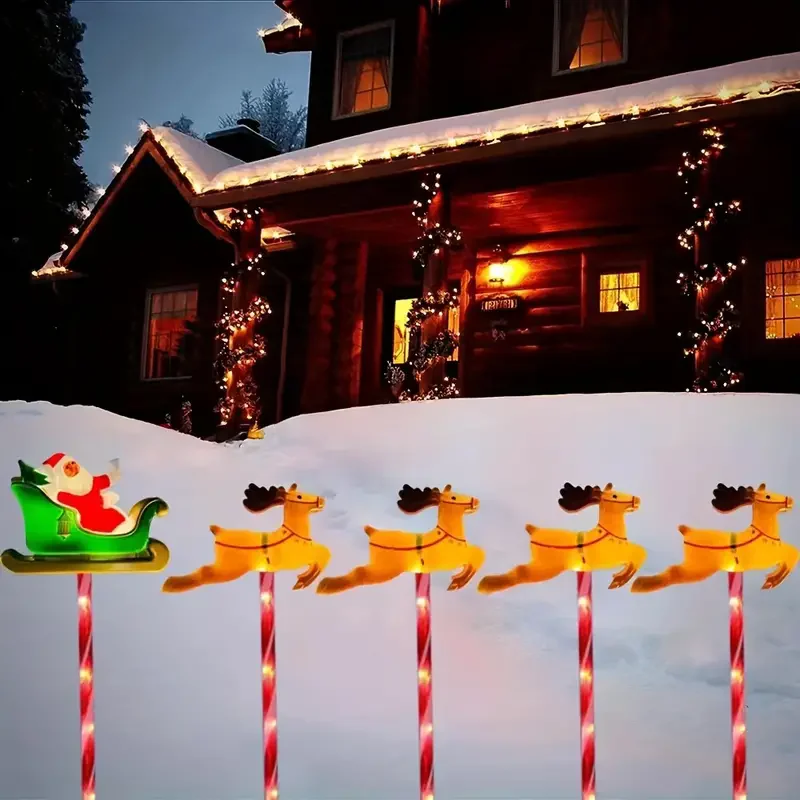 5ks solárne LED vianočné svetlá sada Santa Reindeer Design pre vonkajšiu terasu záhradný trávnik výzdoba Holiday Lights Witerproof 136