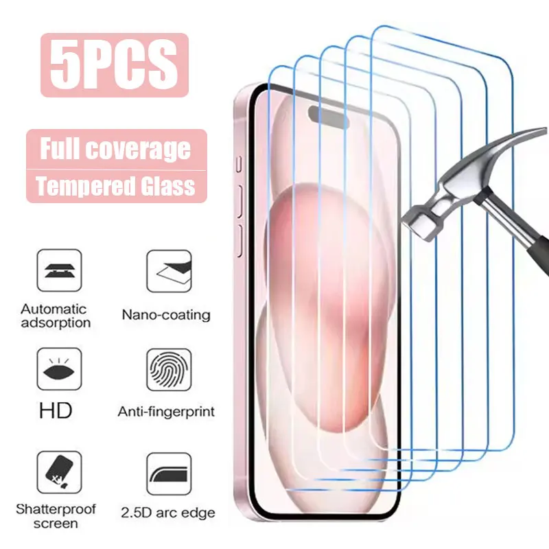 5ks temperované sklo pre iPhone 11 12 13 14 15 16 Pro Max 13 Mini Screen Protector pre iPhone xr xs max 7 8 plus SE 2020 sklo