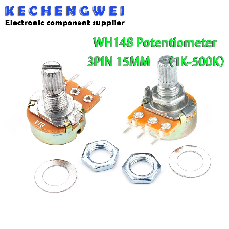 5ks WH148 B1K B2K B5K B10K B20K B50K B100K B500K 3pin 15 mm zosilňovač hriadeľa Dual stereo potenciometer 1k 2k 5k 10k 50k 100k 100k 500k 500k