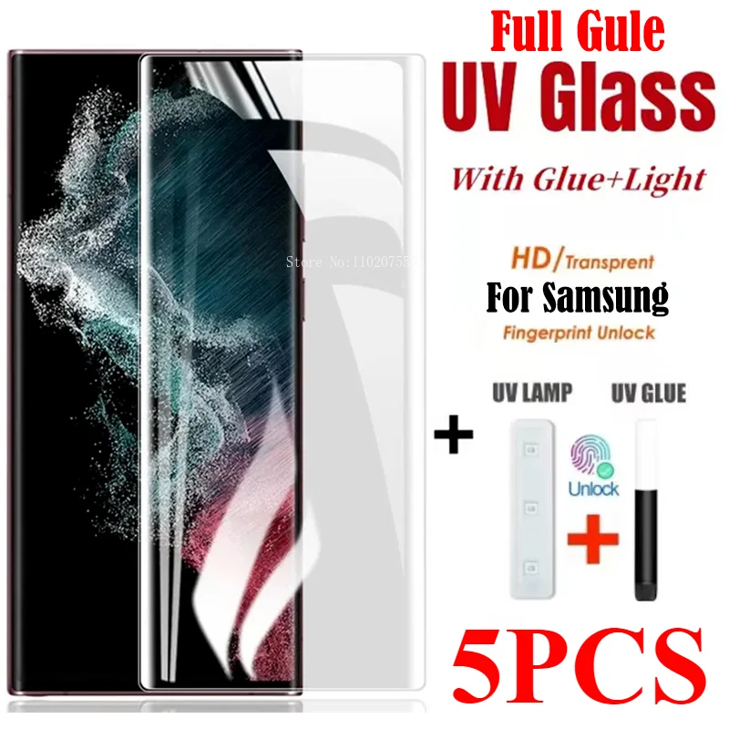 5ks zakrivené vysokokvalitné úplné lepidlo UV sklo pre Samsung S23 S22 S21 Ultra Screen Protector pre poznámku 20 ultra tekutý lepidlo
