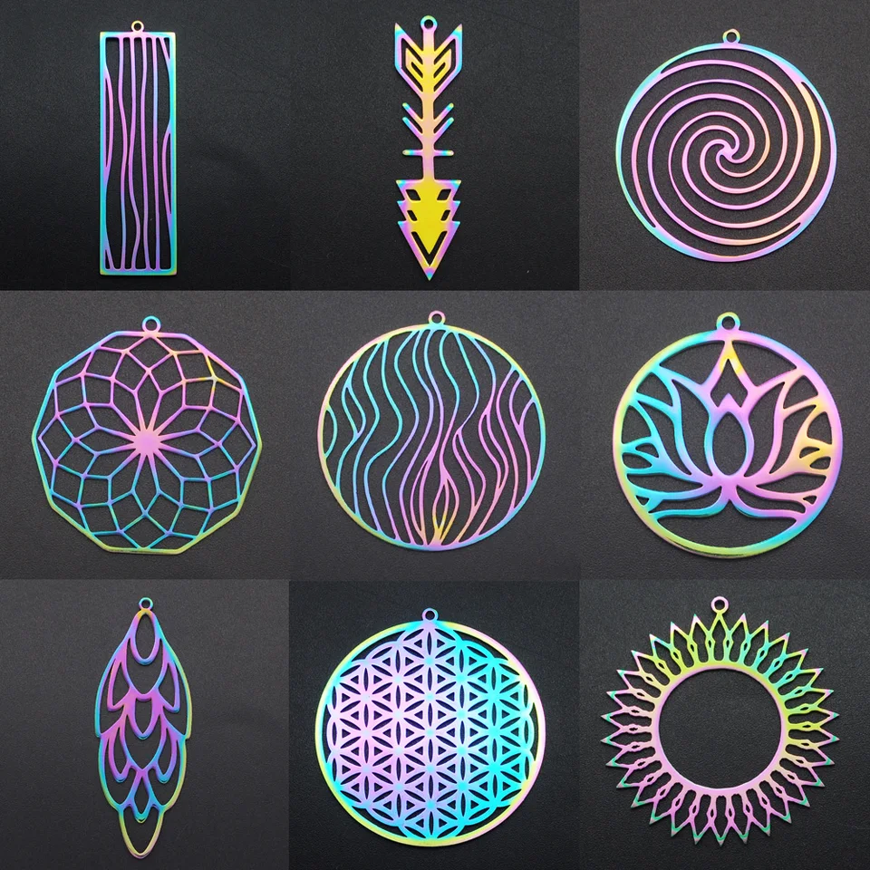 5ks/šarža 316 z nehrdzavejúcej ocele Rainbow Geometric Geometric Pmel Carm Pendant Wholesale OM Lotus Tree of Life Dream Catcher Prívesky