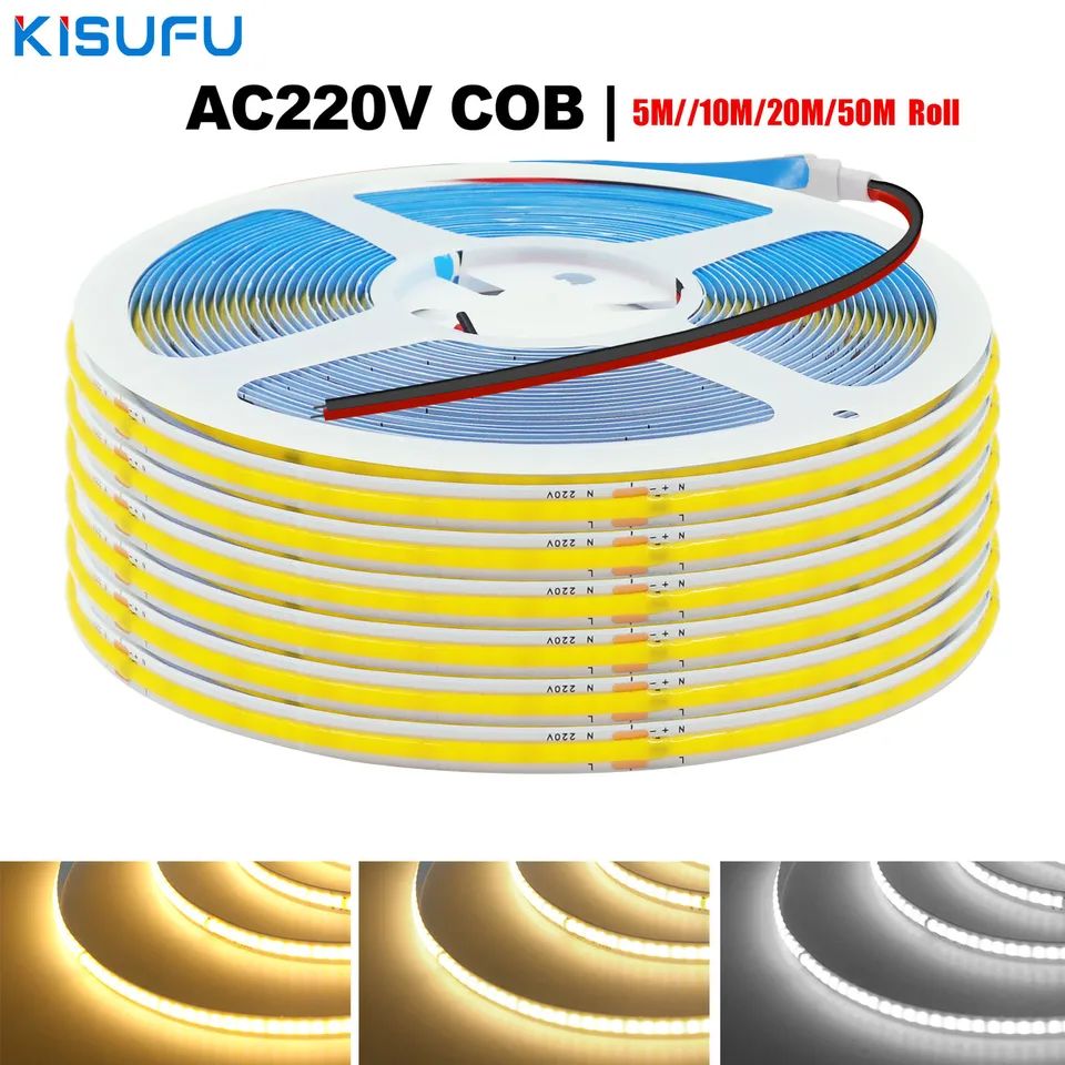 5m/10m/20m 50 m/roll COB LED pásik LED 2220V RA90 s IC čipom High Bright 8mm Flexibilná páska LED svetlá Lineárne osvetlenie