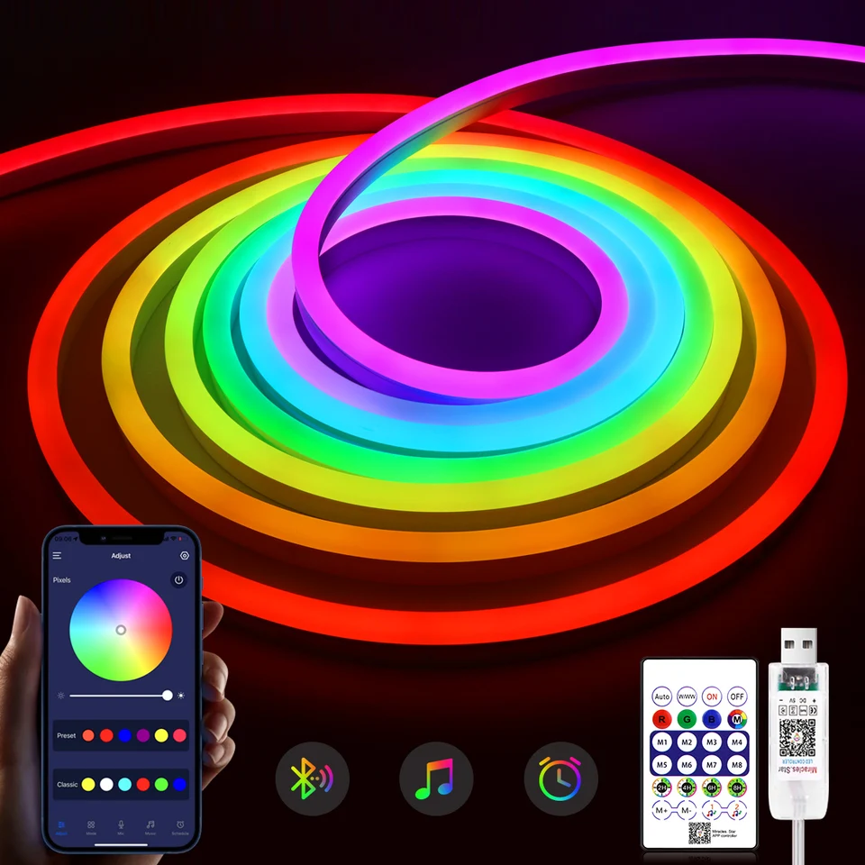 5m/16,4 stôp Bluetooth USB LED svetlo Neónový prúžok WS2812B RGBIC DC5V LOWN LIGHTS NEON TAPE SAUSING Efekt miestnosť stena dekor