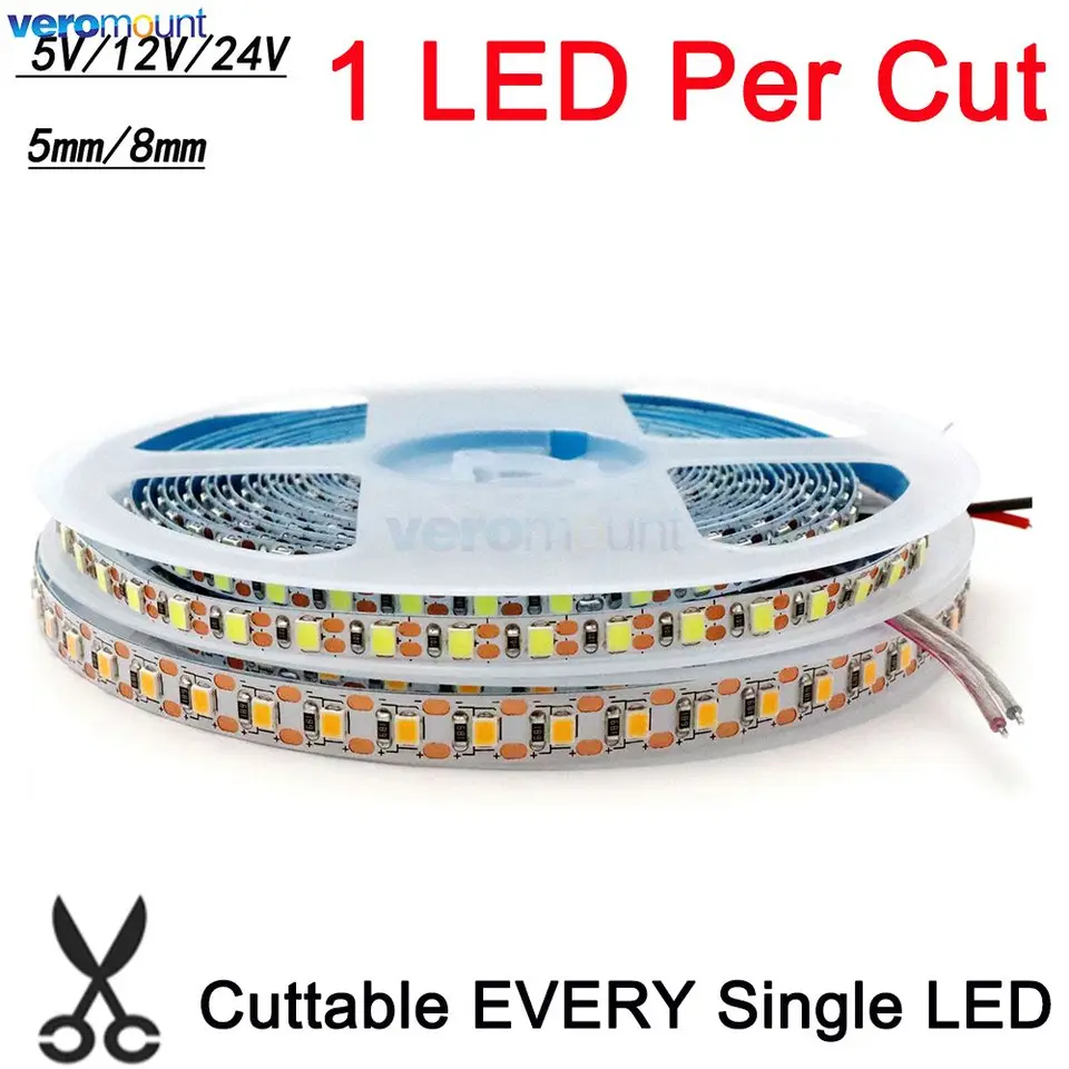 5m 5 mm 8 mm PCB 2835 LED pásma 5V 12V 24V DC 1200 LED diódy Flexibilná páska 1 LED rezaná biela/teplá biela/prírodná biela páska na dekoráciu