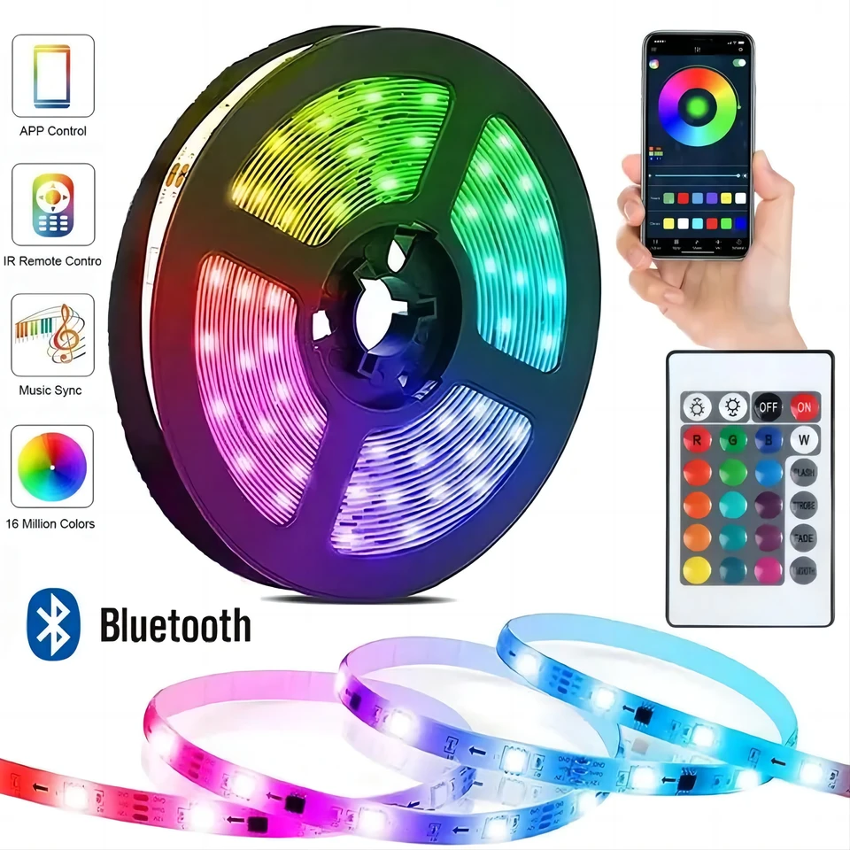 5m 5050 RGB LED pásové svetlá SMART Aplikácia s 24 -trikmi diaľkovým ovládaním farby Zmena stužnej diódy pre televízor LED podsvietenia dekorácie