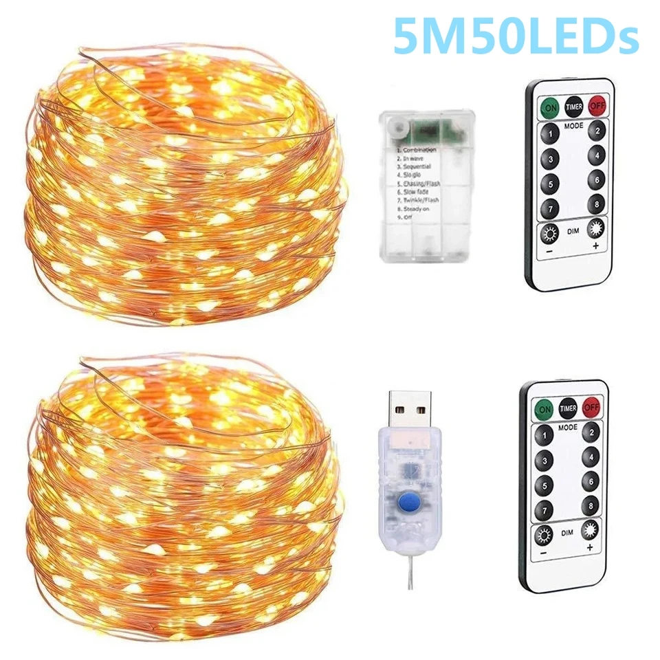5m 50led svetla Svetlá reťazec diaľkové ovládanie rozprávková svetlo USB batéria ovládala LED reťazec časovač meďný drôt vianočné dekorácie