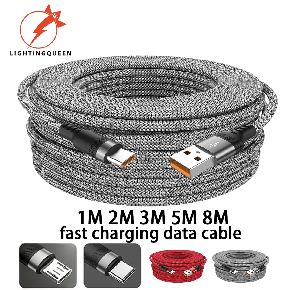 5M micro USB kábel8m 3m 2m 1,5 m 1 m nylon extra longusb dátový kábel typu C 6a rýchly náboj pre Xiaomi Samsung Huawei Camera PS5 PS5