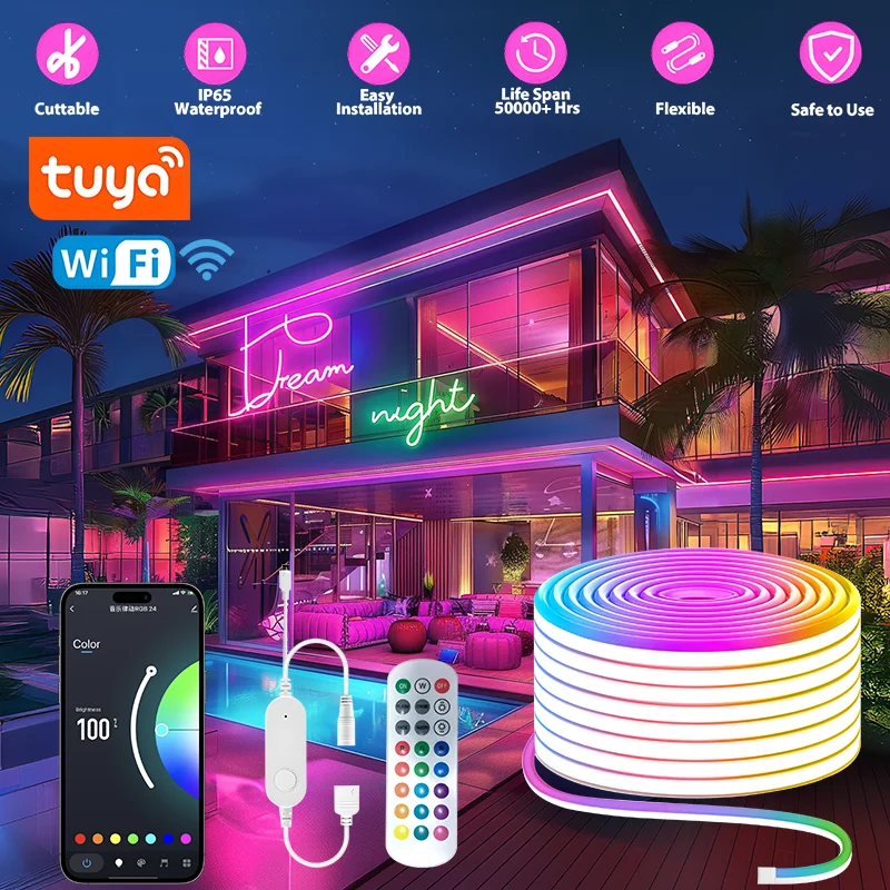 5m TUYA SMART LIFE WIFI LED NEON NEON LIGHT SLIPE 24V RGB Neon Sign Dommable DIY Tape Práca s Alexa TV Home Decor Lighting Lighting