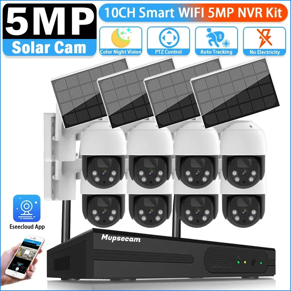 5MP 10CH Wireless NVR Security WiFi IP Camera System Kit Outdoor Camera so solárnym panelom sledovanie CCTV WiFi Video Recorder