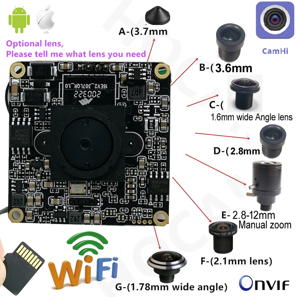 5MP 2MP 1080p HD ONVIF P2P Veľkosť 38*38 mm Audio Wireless IP Camera Modul Mini WiFi SD Card Slot Slot Camhi Home Security Camera Systém