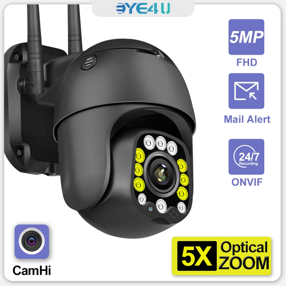 5MP bezpečnostná ochrana WiFi sledovací fotoaparát Outdoor 5x Optický zoom CCTV PTZ Dome Cameas s ONVIF SMART HOME IP66 CAMHI