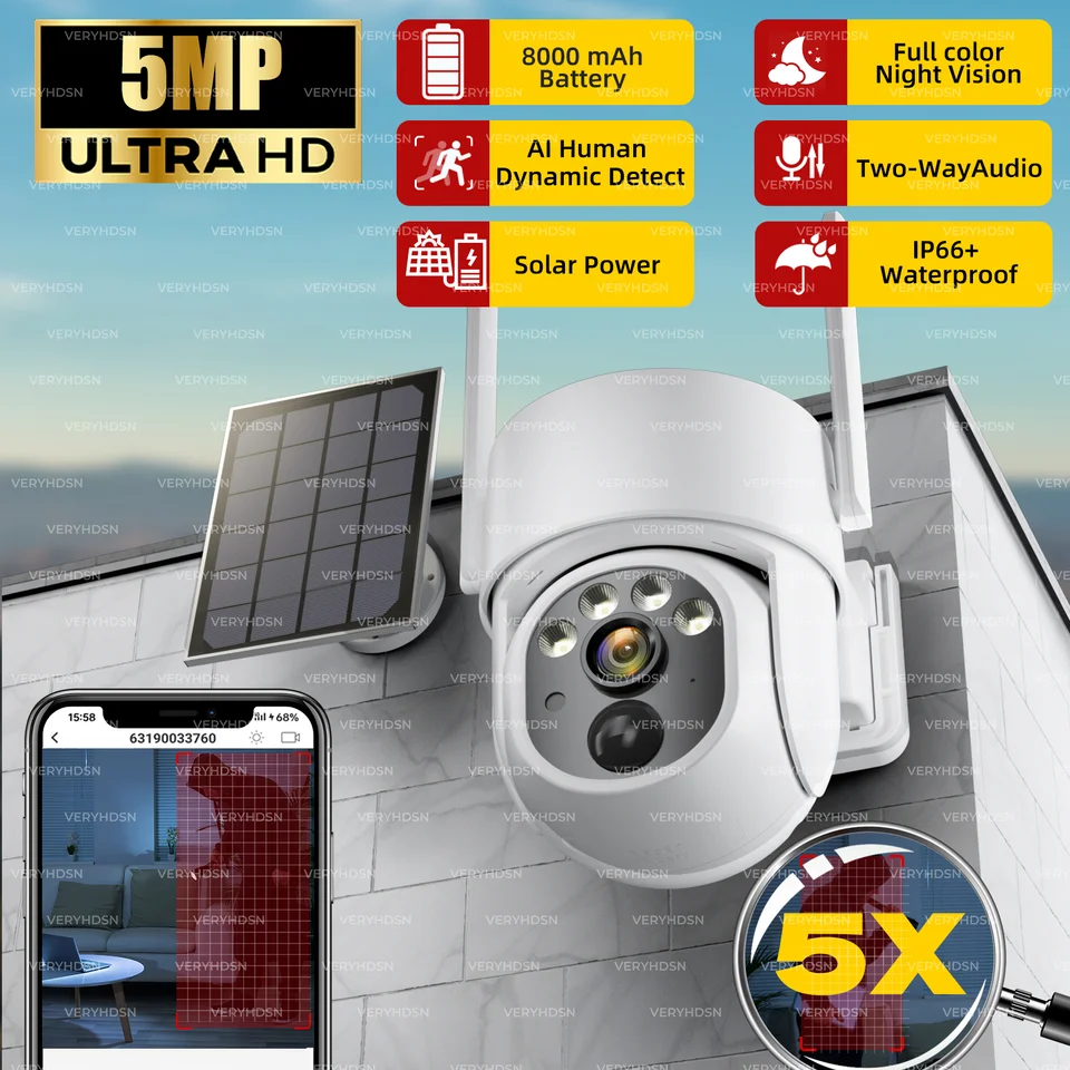 5MP IP solárna energia WiFi Camera PTZ Outdoor IP66 8000 mAh vstavaná batéria sledovanie batérie Cam Pir Human Detection 5x Zoom Witerproof