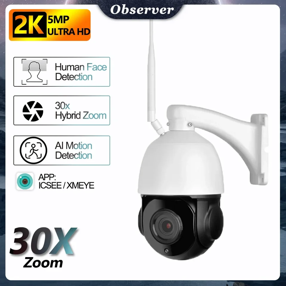 5MP WiFi Camera Outdoor 30X Optical Zoom Security Camera AI Detekcia pohybu inteligentná výstraha CCTV kovové bývanie nočné videnie icsee