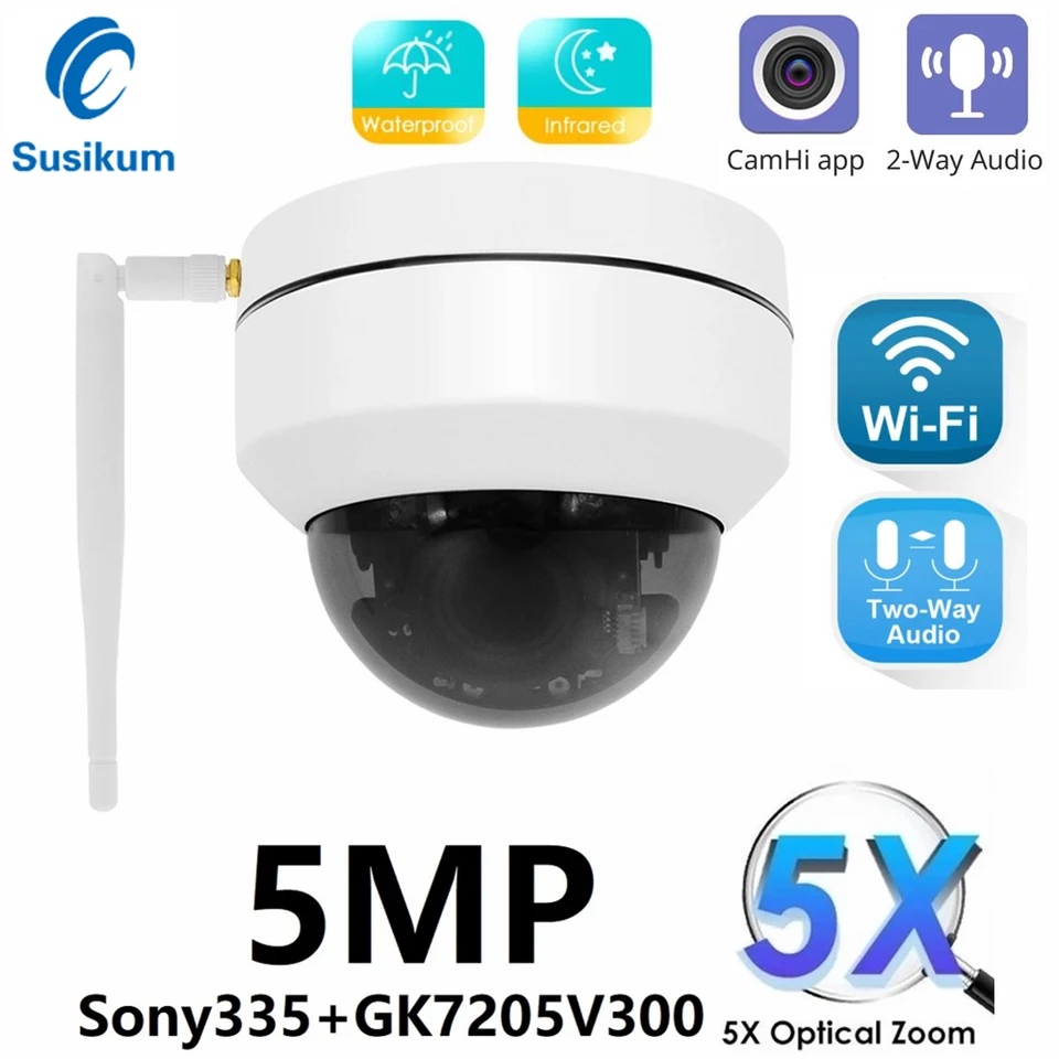 5MP WiFi PTZ IP fotoaparát 5x Optický priblíženie Wi-Fi bezpečnostná ochrana Outdoor CCTV Sledovanie rýchlosti kupoly Camara Camhi App