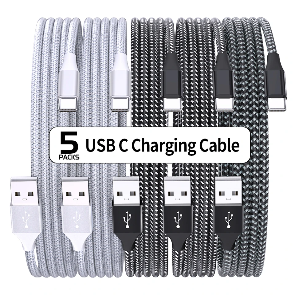 5packs USB Type C kábel 18 W USB A na typ C Rýchle nabíjanie káblových nabíjacích nabíjacích káblov Synchronizátor pre iPhone 15 MacBook Samsung Huawei