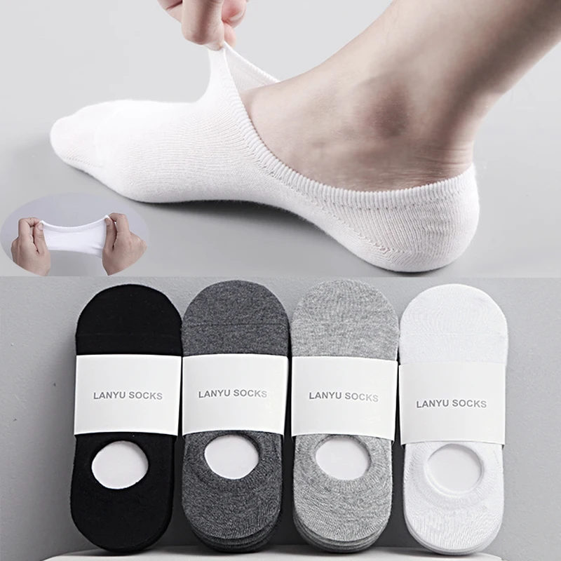 5pair / lot móda šťastné muži lodných ponožiek leto jesenné nekĺzavé silikónové neviditeľné bavlnené ponožky Muž Mužský členok ponožky