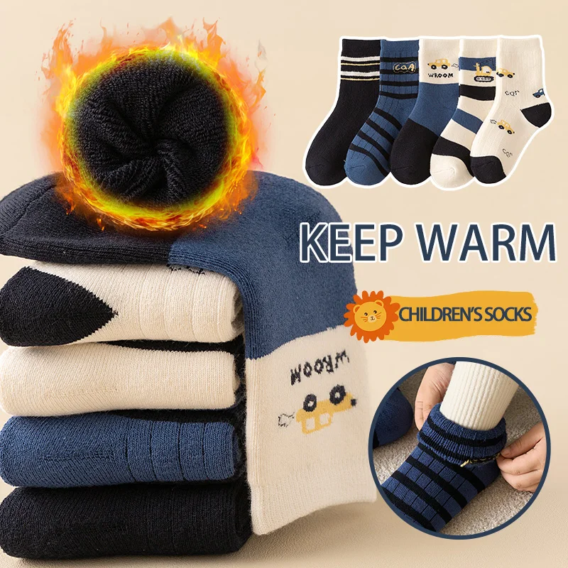5Pairs 1-16 rokov deti zimné ultra husté Terry ponožky automobilové série bez tesnosti na nohách špičkové školské ponožky Navy modré dievča