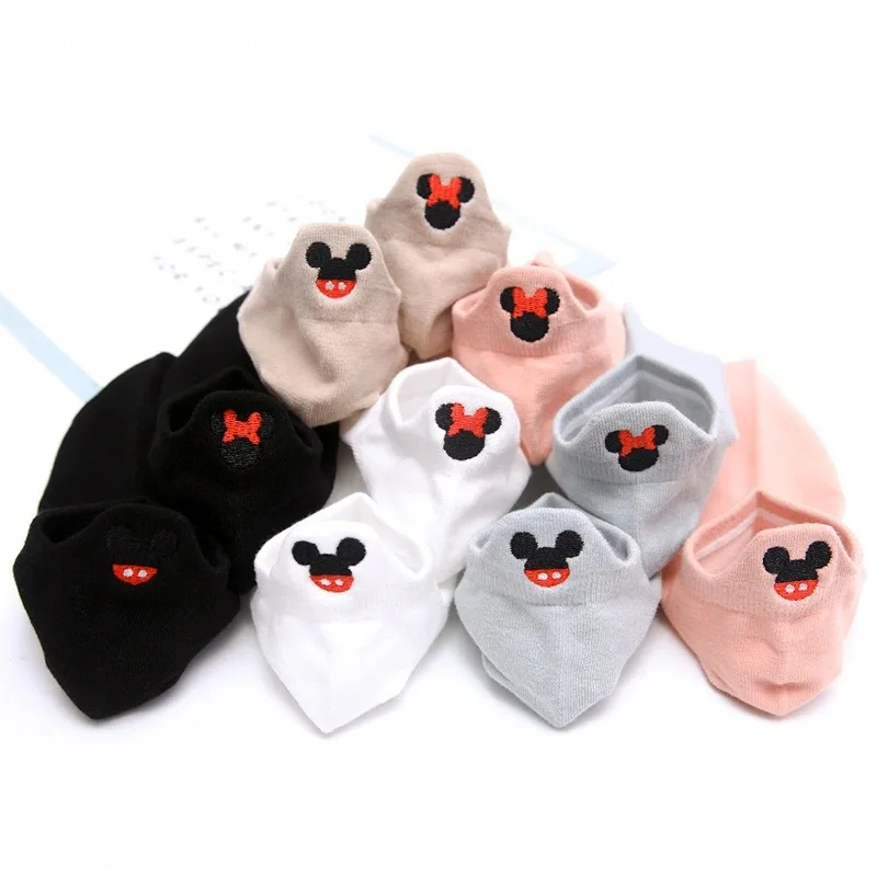 5pairs Mickey Mouse Roztomilé japonské ponožky letné tenké päty vyšívané ponožky Mickey Mouse Head Boat ponožky
