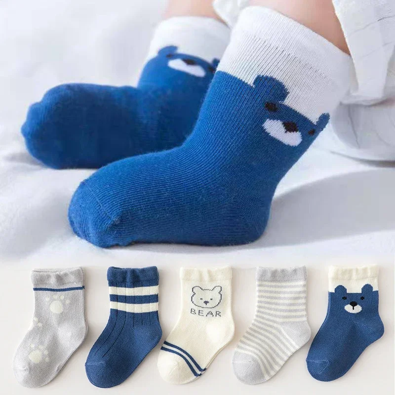 5pairsr Blue Bear Baby Socks Spring Jeseň Kids Mid Tube ponožka 0-5ročné chlapče dievča Detský bavlna ponožka roztomilá karikatúra pruhovaná obuv