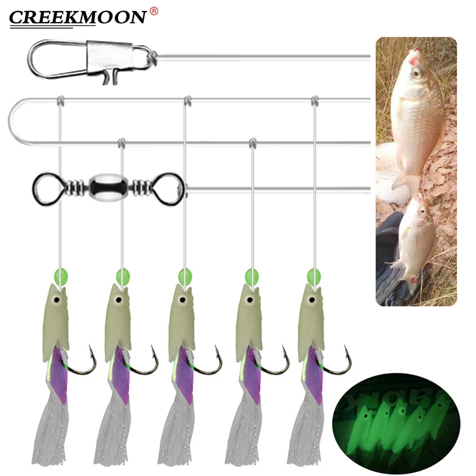 5pcs 1BAVUS Luminous Fishhooks pre otočné súpravy návnady prípravky Rybia hlava mäkké krevety Lure Mor Fishing Gold-Past String Hook Chunks