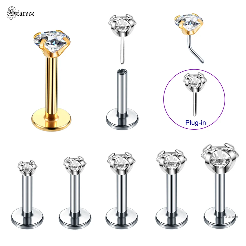 5pcs bez závitu z nehrdzavejúcej ocele Nose Stud zirkón Push Plug-in 20g 16g 6/8 mm labret bar nosa piercing pierk pery špirála Tragus náušnice