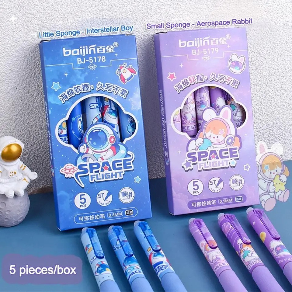 5PCS Darčeková karikatúra astronaut mäkká priľnavosť Vymazateľná pero Press Black/Blue atramen neutrálne pero rýchle sušenie 0,5 mm St Gel Pen Student