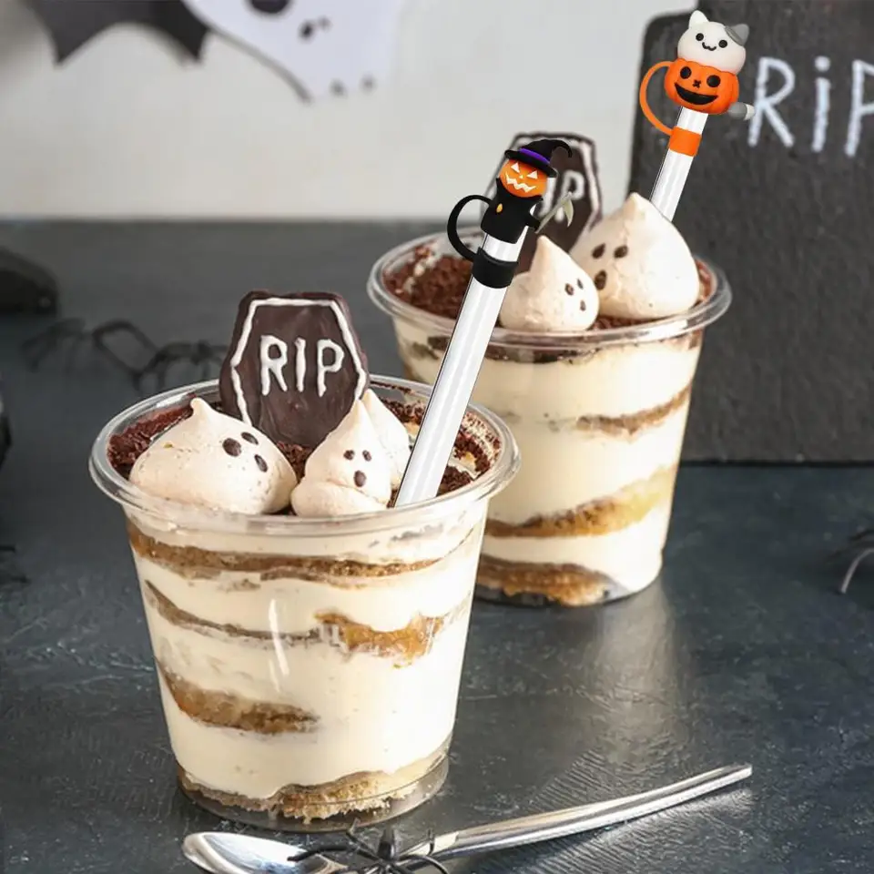 5pcs Halloween Slaw Hat Silikónové veko roztomilý dizajn duchovného dizajnu potravín bez šmyku, ktorý je ľahko použiteľný, ľahko použiteľný
