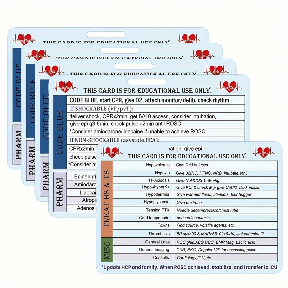 5pcs Heart Reference Card Heart CPR kód modrá EMT/RN/MD TAG pre Medical 2,9x4.1inch ACLS prežitie karty pre lekárskych profesionálov