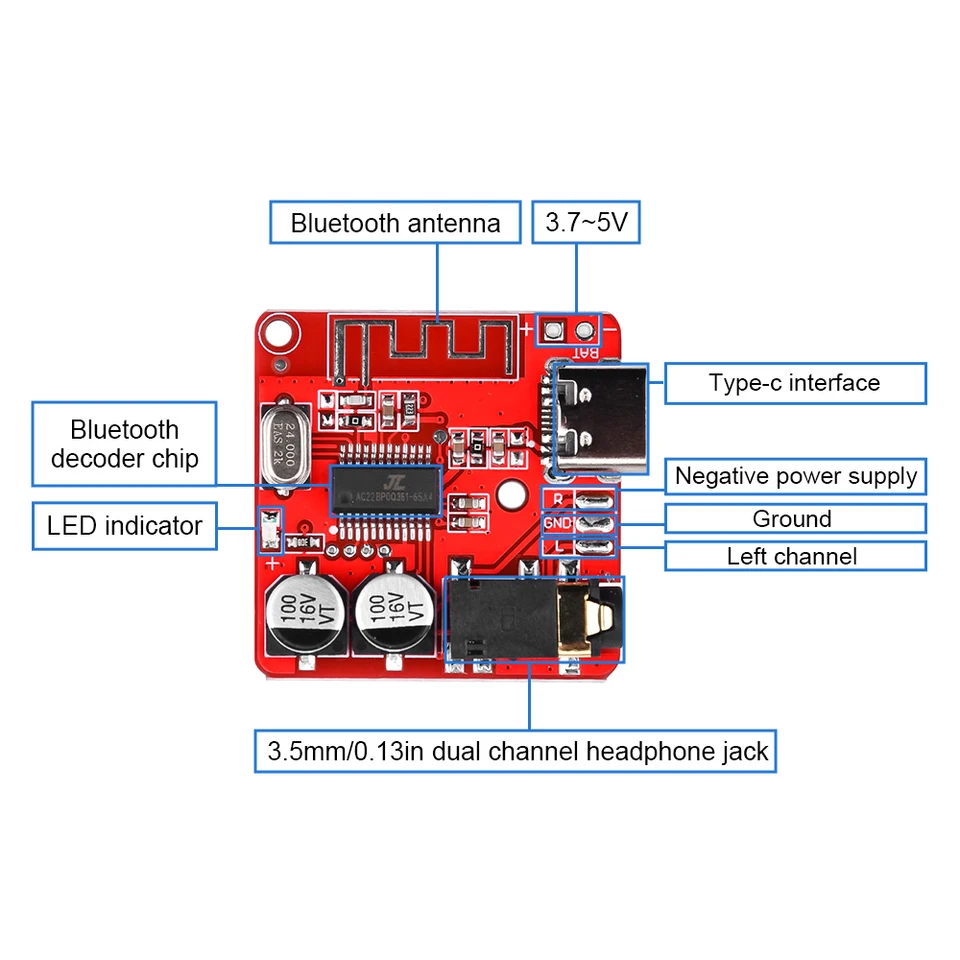 5pcs Nový USB Type-C 3.7-5V Bluetooth 5.1 Audio prijímač modul MP3 Audio Decoding Decoding Decoder Decoder Wireless Stereo Music Board