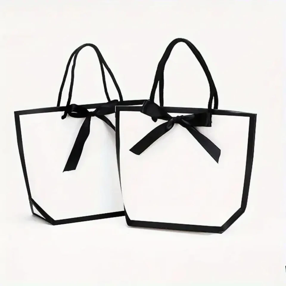 5pcs Ribbon Bow White Mastboard Paper Tote Darčekové tašky s rukoväťami nákupná večierok svadobná hostina narodeniny maloobchodné tašky buriny buriny