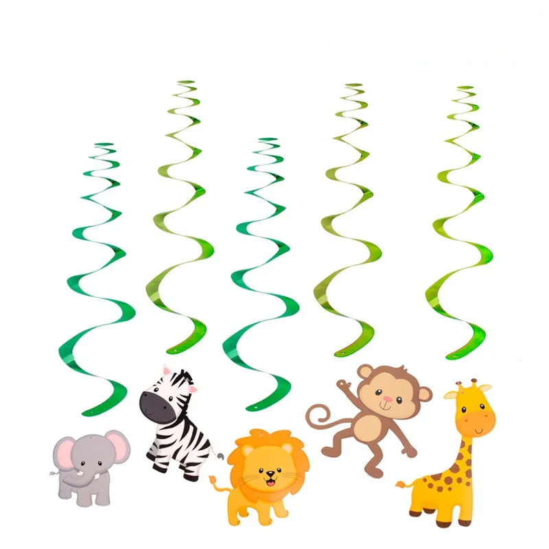 5pcs Safari Animal Jungle Stropu Stropné visiace vírenie visiace streamery pre deti narodeninová oslava narodeninová oslava Špirálová dekorácia