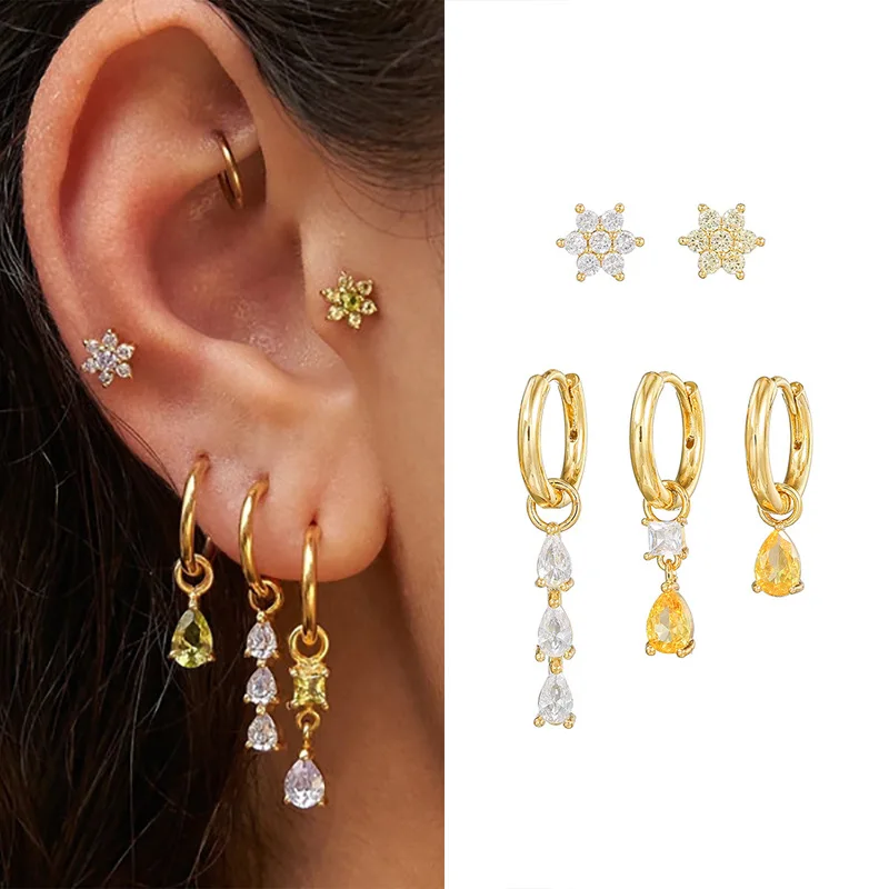 5pcs Trendy Crystal TopAz slzy Tassel Piercing Hoop náušnice pre ženy